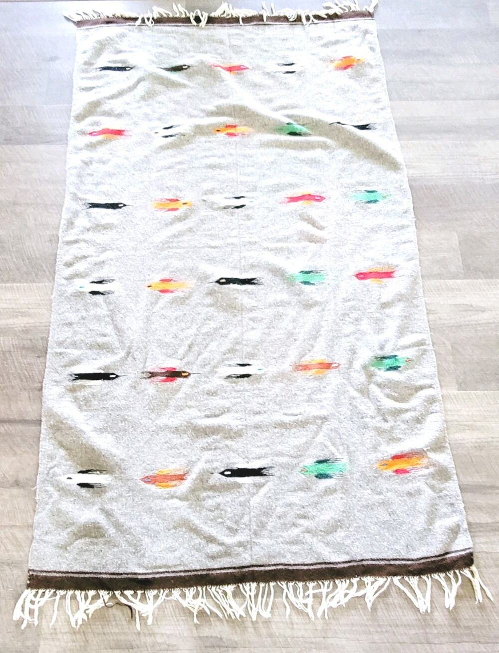 Vintage Mexican Thunderbird Gray Saltillo Serape Blanket 84” X 47 Excellent!